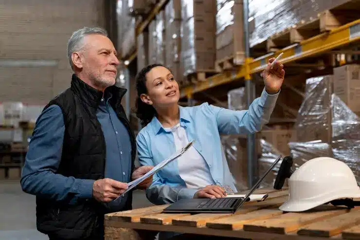 Employees pick goods in a fulfillment center.