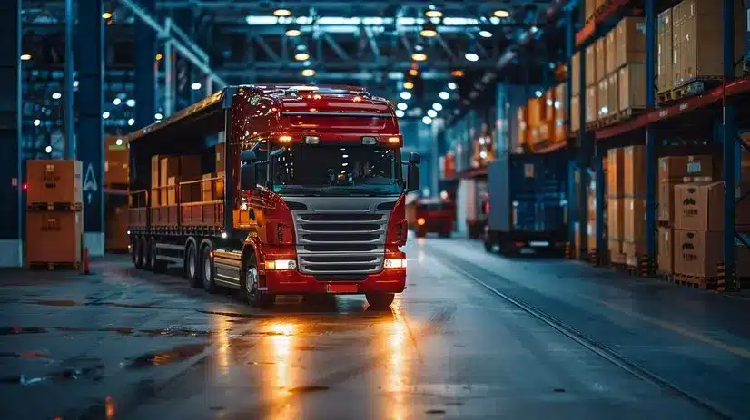 Trucks are transported in a Logistics center loaded to illustrate the transport of goods.