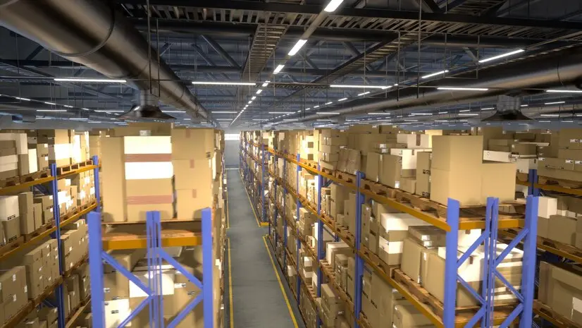 Modern warehouse with well-organized shelves and automation systems.