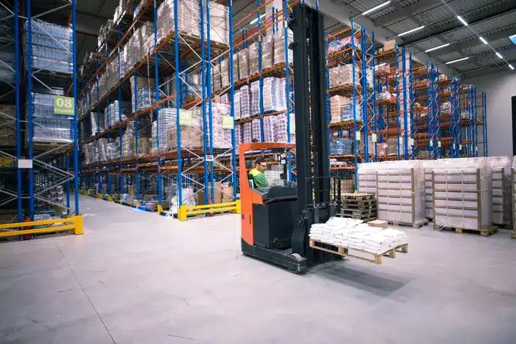 Warehouse with well-organized shelves and pallets indicating efficient storage of goods.